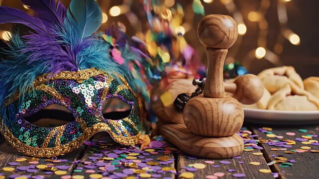 Purim Festival Colorful Carnival Mask and Wooden Gragger on Table