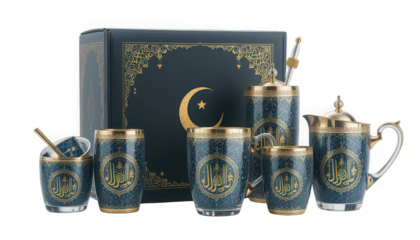 Exquisite luxury dark blue and gold islamic calligraphy tea set featuring patterned mugs and a serving pitcher presented with a matching gift box