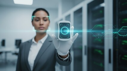 Female Engineer Uses Biometric Hand Scanner in Server Room for Secure Data Access