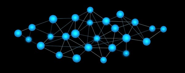 A vibrant network of interconnected blue nodes on a black background, symbolizing data connectivity and digital communication.
