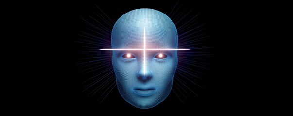 A futuristic digital face with glowing features and a radiant aura, symbolizing advanced technology and artificial intelligence.