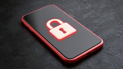 A sleek smartphone with a glowing padlock symbol, indicating security and protection against unauthorized access on a circuit-patterned background.
