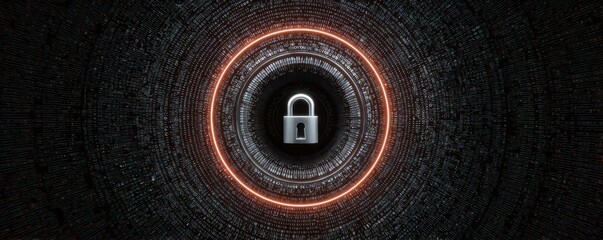 A digital image featuring a lock at the center, surrounded by a circular pattern of binary code and glowing red lines, symbolizing data security.