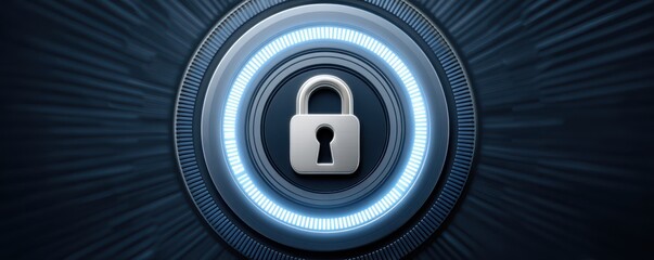 A stylized illustration of a padlock surrounded by a glowing blue circular design, symbolizing security and protection in a digital context.