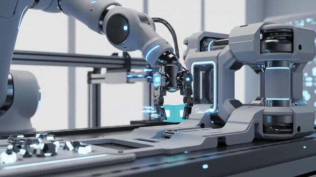 Robotic arm placing a blue cube with white squares on a tray. Industrial factory setting