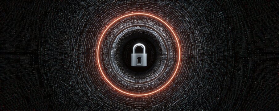 A digital image featuring a lock at the center, surrounded by a circular pattern of binary code and glowing red lines, symbolizing data security. - Powered by Adobe