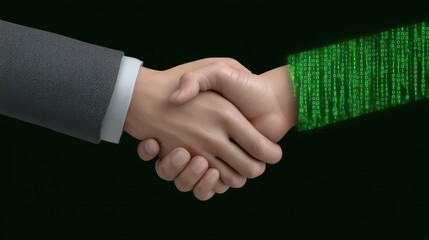 A digital handshake symbolizes collaboration between humans and technology, with binary code illustrating a tech-driven partnership.