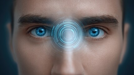 A close-up of a man's face with striking blue eyes, enhanced by a digital interface superimposed on his forehead, suggesting technology and innovation.