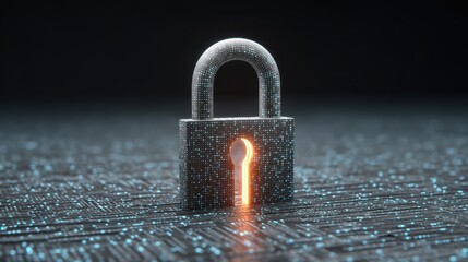 A digital padlock with a glowing keyhole symbolizes cybersecurity and data protection against online threats.