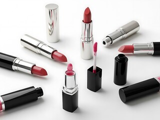 Collection of lipsticks and lip glosses arranged on a surface viewed from directly above