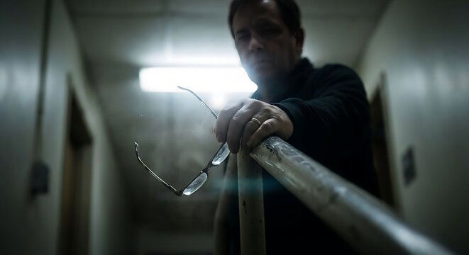Man holding glasses in dim hallway with low vision concept