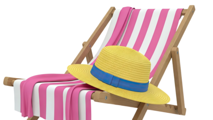 Striped Deck Chair with Yellow Sun Hat and Pink Towel