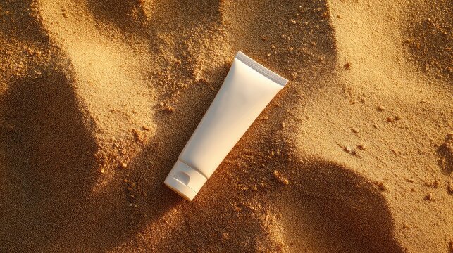 Golden sunscreen tube on sand gives off feeling of luxury. It reflects sunlight and offers heatproof protection, perfect for summer vacation
