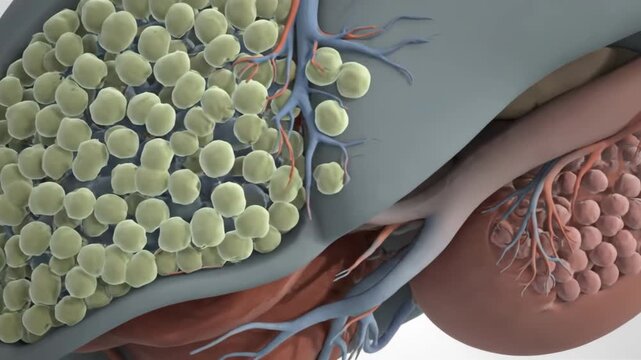A 3D animation showing gallstones in the gallbladder and kidney stones in the kidney, illustrating common medical conditions.