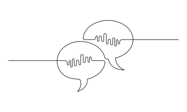 Minimalist double speech bubbles continuous line art with sound waves for voice message and audio chat concept