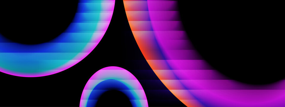 Futuristic glowing circular shapes with chromatic aberration and pixelated distortion effects on black background