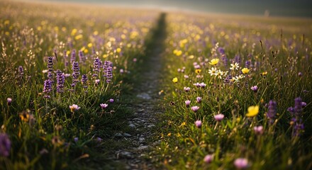Fototapeta premium Close-up view of a path through a meadow bursting with purple lavender and yellow wildflowers, bathed in warm, soft sunlight.