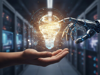 Human AI Synergy for Innovation. Hands Connecting with Glowing Digital Idea Vortex, Representing Partnership in Future Technology and Creative Solutions.