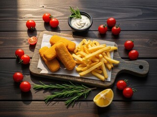 Delicious fish sticks and french fries on a wooden cutting board with fresh tomatoes and herbs on a dark wooden table