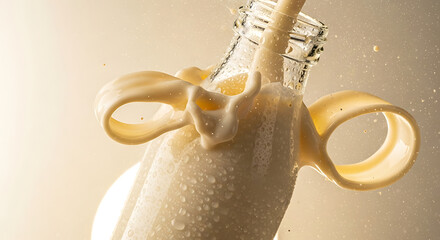 Close-up of a bottle with a creamy liquid pouring out, creating dynamic splashes and drips against a neutral background.