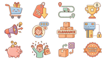 Dynamic online shopping promotion collage featuring a blue cart, orange discount tag, green map pin, gold trophy, megaphone, chat bubble, clearance sign and credit card terminal