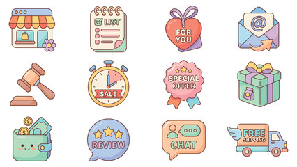 Playful pastel icons set of twelve in three rows, featuring storefront, calendar, apple, envelope, gavel, and delivery truck for online shopping rewards marketing