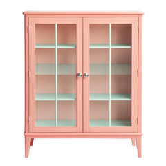Dreamy coral curio a quaint cabinet painted coral with soft teal shelves isolated on white background