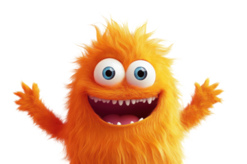 Cute orange furry monster with big eyes and wide smile isolated on transparent background. Cute and cheerful orange furry monster cartoon character isolated on white background.