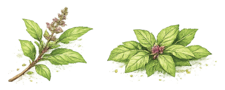 Thai Sweet Basil (Horapha) Watercolor Illustration Isolated on Transparent Background