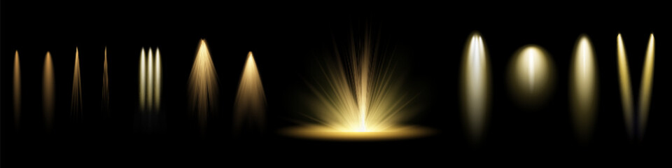 Vector spotlight. Yellow color light effect. Glowing isolated golden sparkling light effect. Spark spotlight special effect design. Ray vector element.