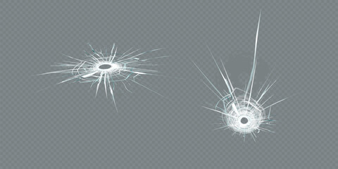 Broken glass triple bullet holes in glass isolated on black
