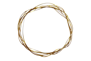 Golden oval wreath with glitter twigs isolated on transparent background. Elegant round golden line art frame isolated on white background.