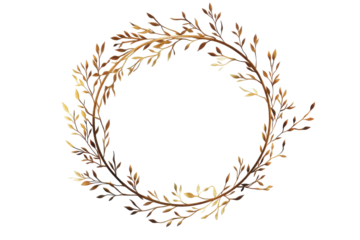 Elegant oval wreath of autumn leaves and twigs isolated on transparent background. Elegant round golden line art frame isolated on white background.