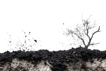 Stylized bare tree and soil cross section isolated on transparent background. Falling black soil earth isolated on white background.