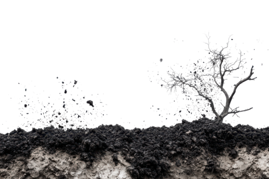 Stylized bare tree and soil cross section isolated on transparent background. Falling black soil earth isolated on white background. - Powered by Adobe