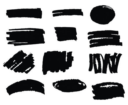 collection of artistic grungy black paint crayon marker hand made creative brush stroke set isolated on white background.