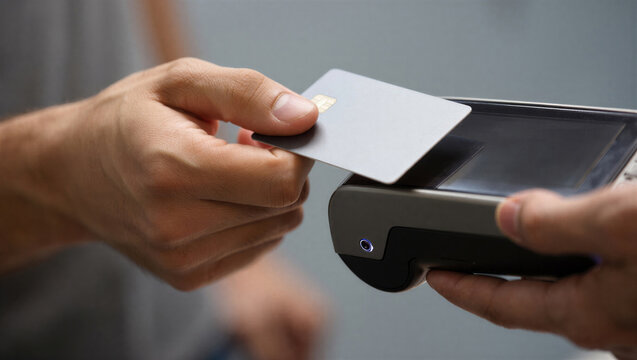 A person is making a payment by tapping a credit card on a card reader. Modern transaction technology.