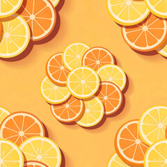 Slices of lemons and oranges on an orange background