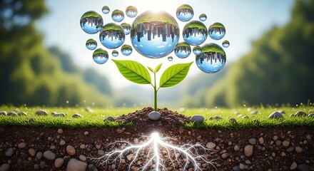 A small plant represents sustainable urban development with glowing roots and city reflections