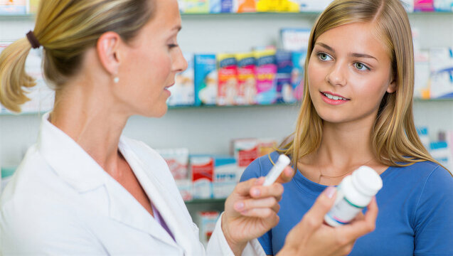 Pharmacist in a white coat discussing medication options with a young woman in a pharmacy. Health consultation and advice.