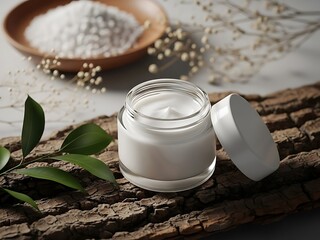 A jar of white cream on a wooden surface with leaves and flowers in the background
