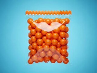 Orange spheres filling a transparent plastic bag with a twisted top viewed against a blue gradient background from a front viewpoint