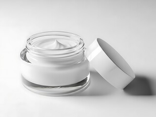 Cosmetic jar with lid open beside it on a white surface, viewed from above, showcasing cream inside.