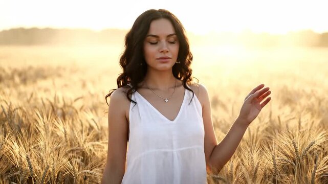 Young Woman in White Dress Standing in Wheat Field at Sunset.