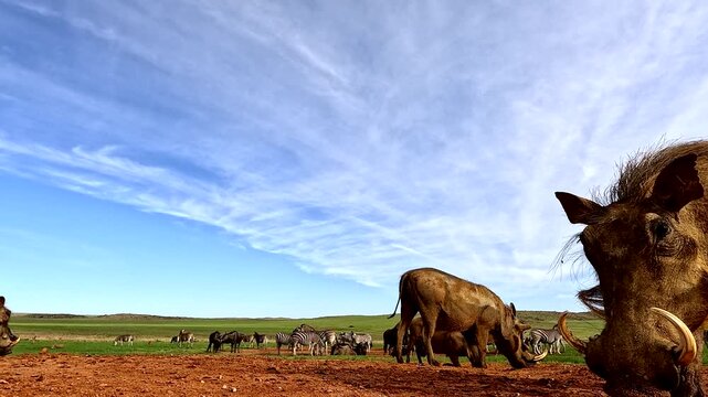 Funny POV as warthog (Phacochoerus africanus) sniffs and runs away from camera