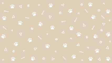 Seamless hand drawn white paw print pattern with doodle geometric shapes on beige background. Neutral pet animal vector © rochmuch