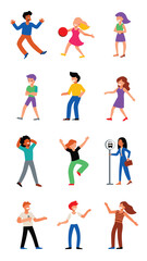  Collection of different cartoon people. Flat vector illustrations of man and woman stumbling, playing, standing. Everyday activity and lifestyle concept for banner, website design or landing web page