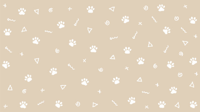 Seamless hand drawn white paw print pattern with doodle geometric shapes on beige background. Neutral pet animal vector