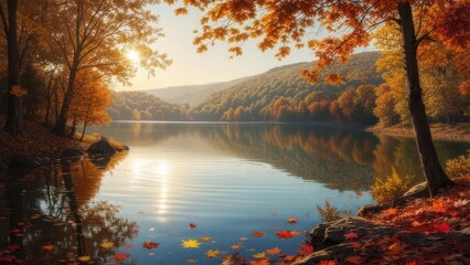 Serene autumn landscape depicts a lake surrounded by vibrant foliage reflecting in the still water