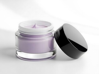 A cosmetic jar with a black lid, containing a lavender cream, is positioned on a white surface from a slightly elevated viewpoint.